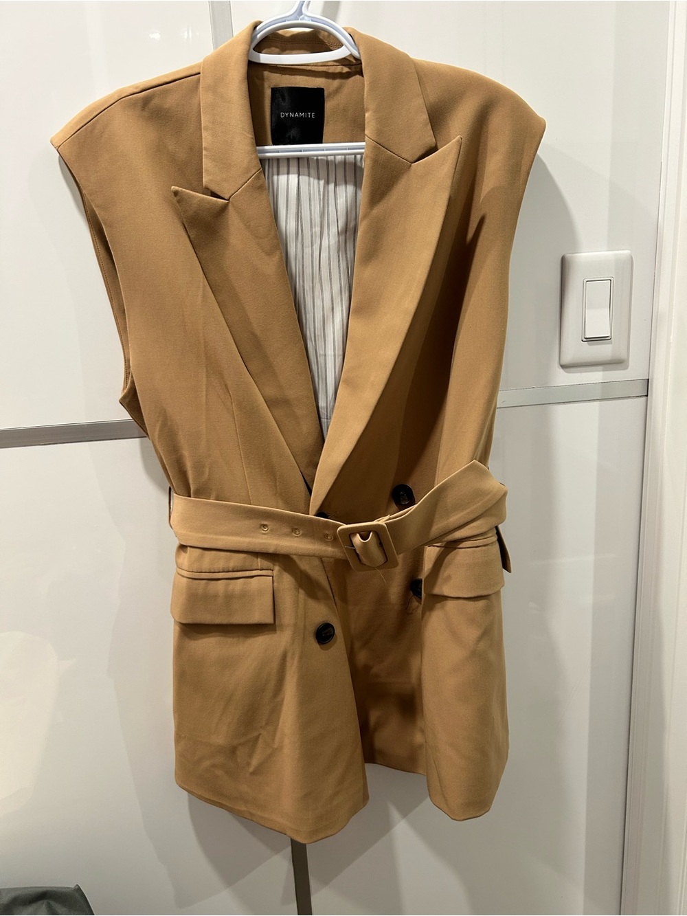 Dynamite Camel Belted Sleeveless Blazer Vest